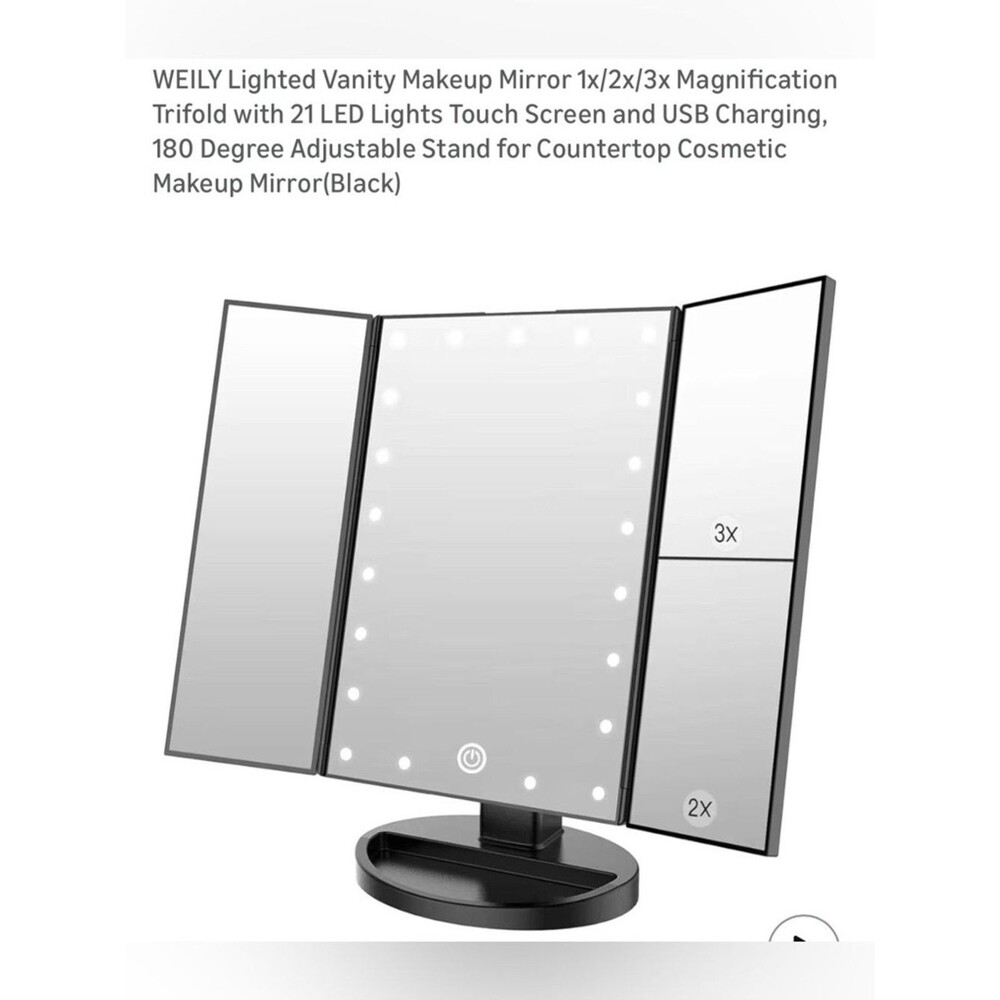 Make Up Mirror LED Magnifying USB Battery Weily Lighted Tri-Fold Adjustable Blk